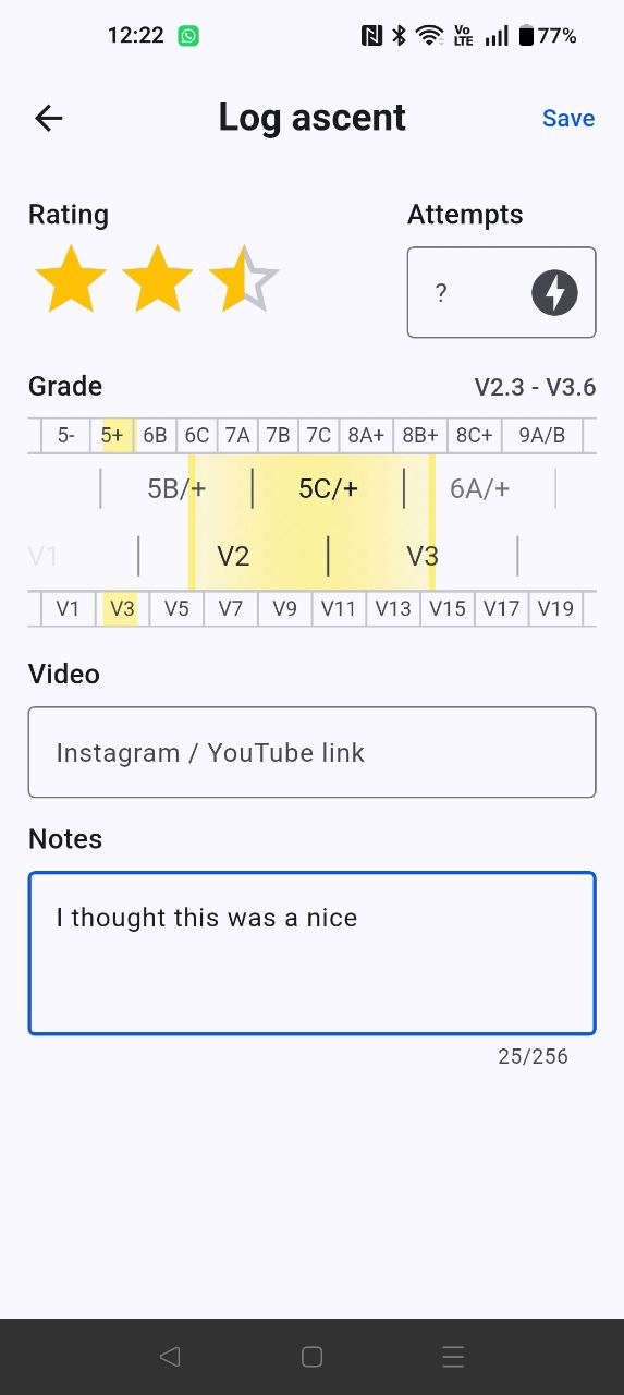 Log an ascent with rating, grade, notes, and video