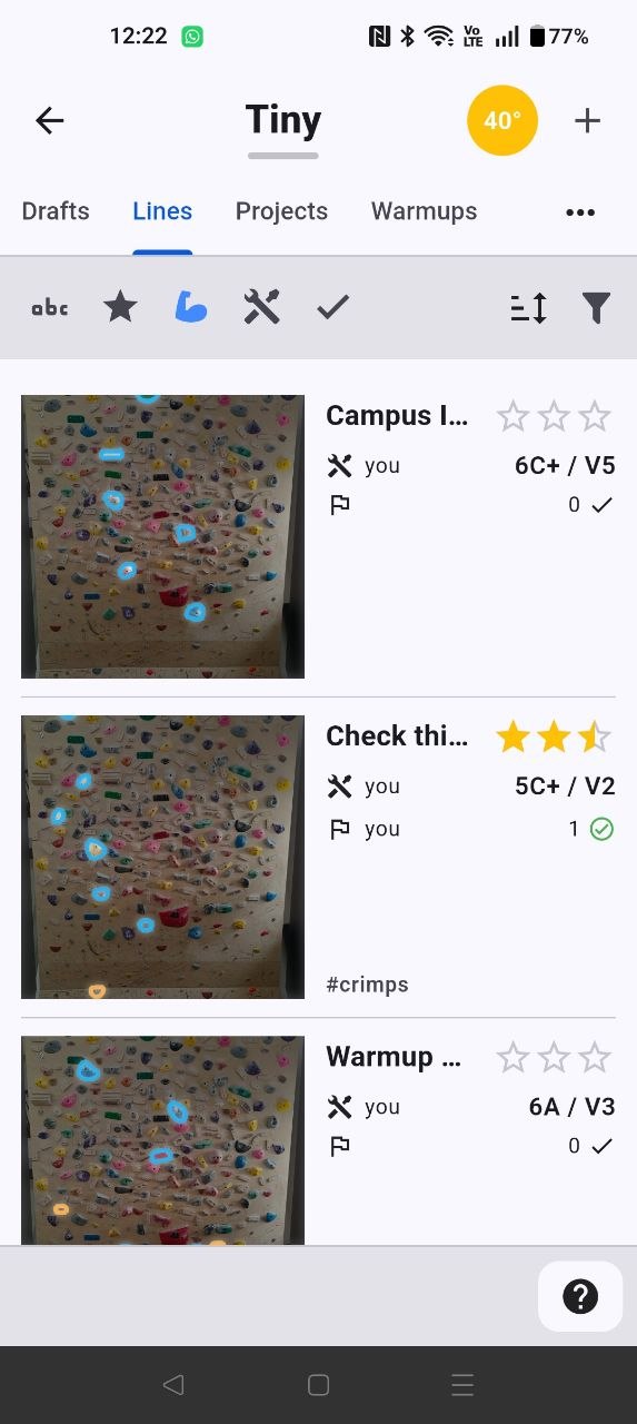 Browse problems, lists, grades, and sends on a wall